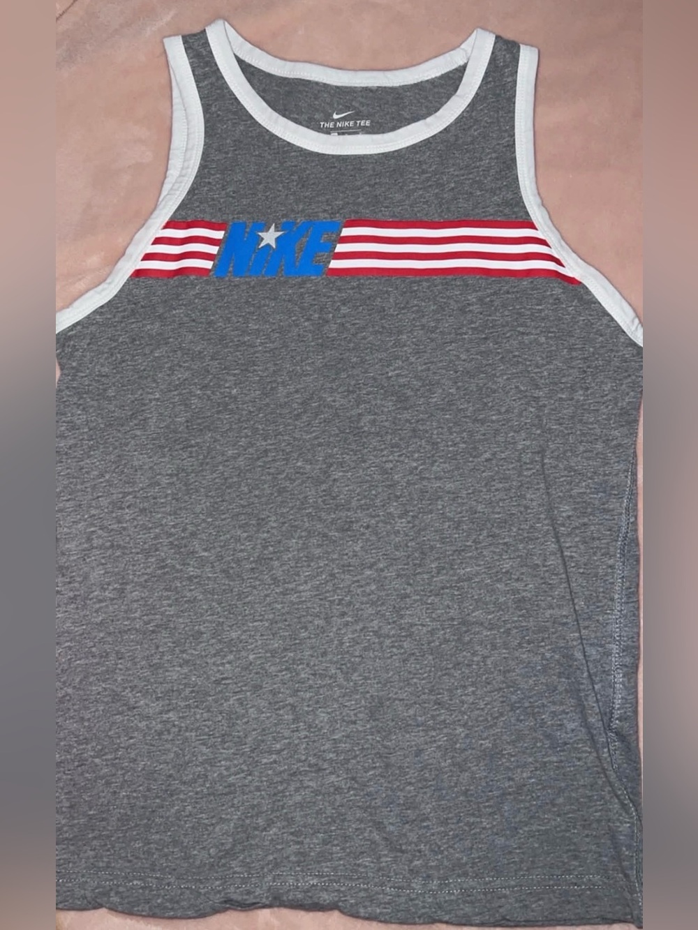 Boys Nike Gray Tank with Red Stripes and Blue Logo Sz L